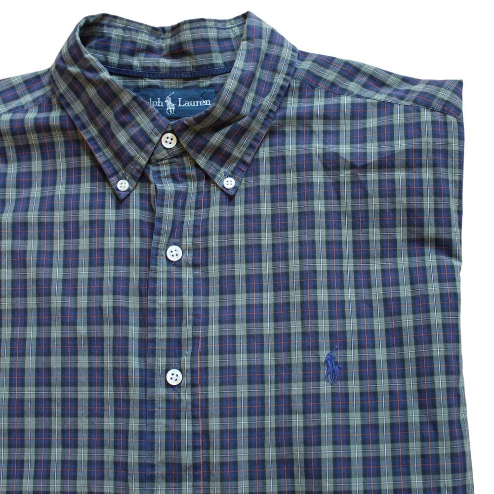 Vintage Ralph Lauren Button Down Shirt Mens XL Blue Green Plaid Flannel Cotton - Picture 2 of 5